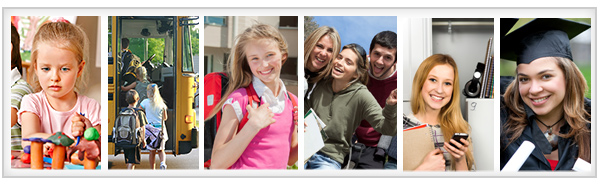 Image décorative: collage de photo démontrant différentes étapes de la vie scolaire.